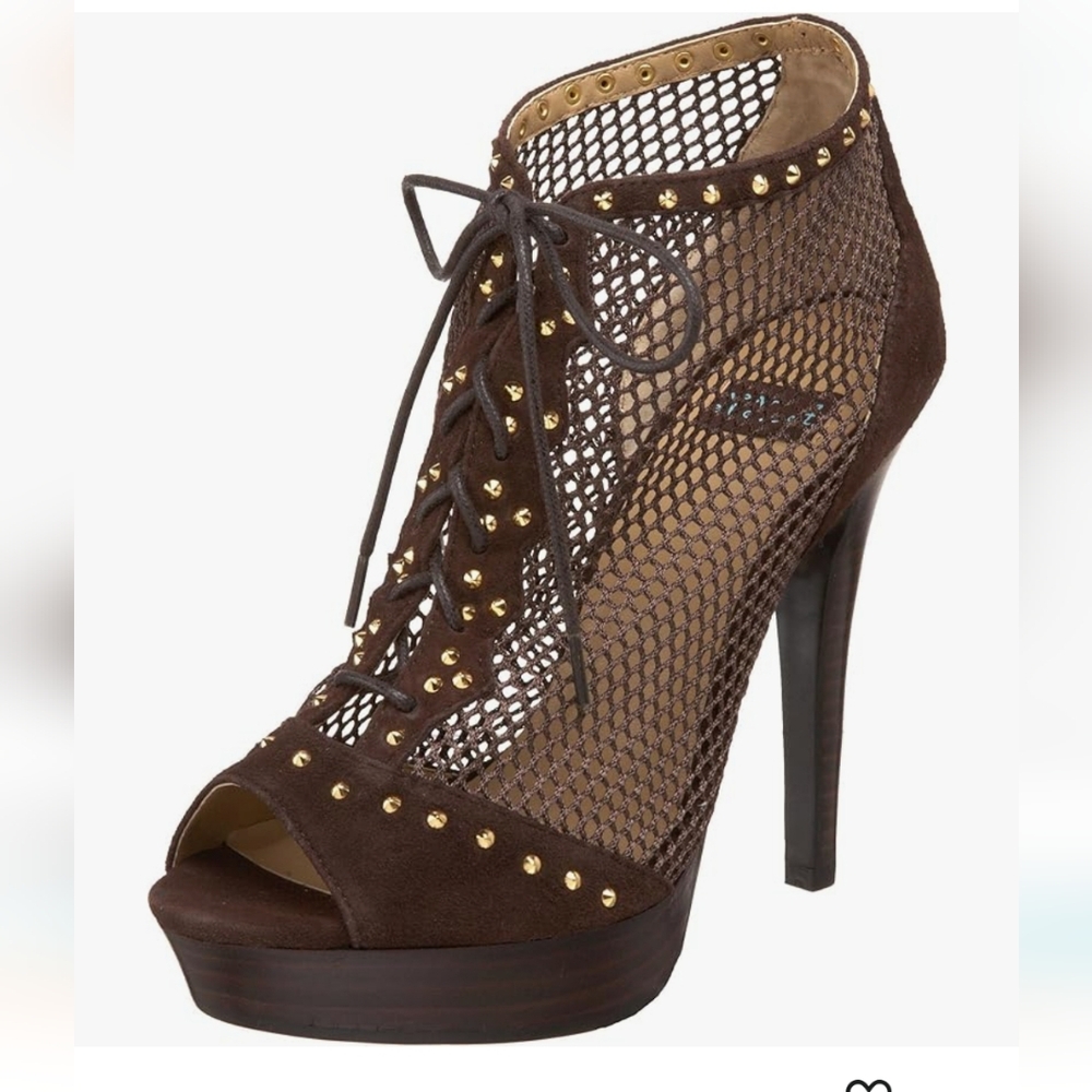 N.Y.L.A. mesh and gold studded leather peep toe bootie in brown NIB